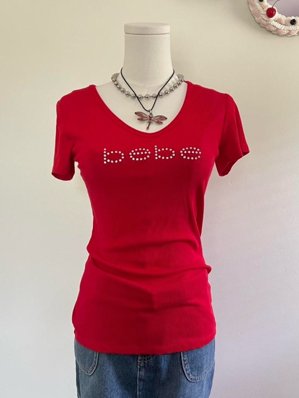 bebe Red Rhinestone Logo Ribbed Short Sleeve Tee - Picture 3 of 7